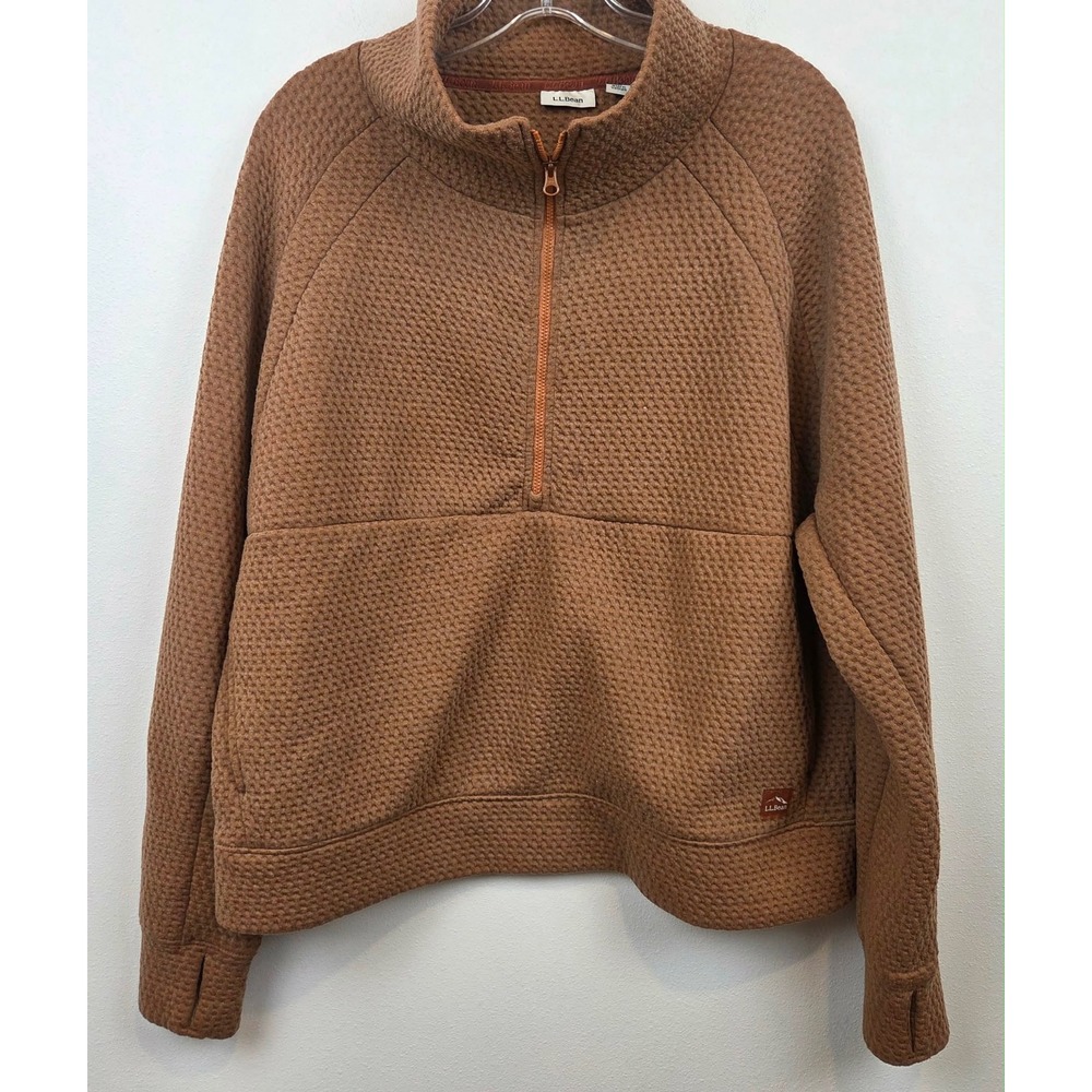 LL Bean Womens Ridgeknit Half Zip Pullover Brown Women Large Thumbholes 523268
